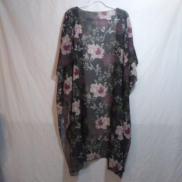 Hibluco Sheer Chiffon Black Floral Kimono Cardigan Long Swimwear Cover Up Sz 2XL - Picture 9 of 10